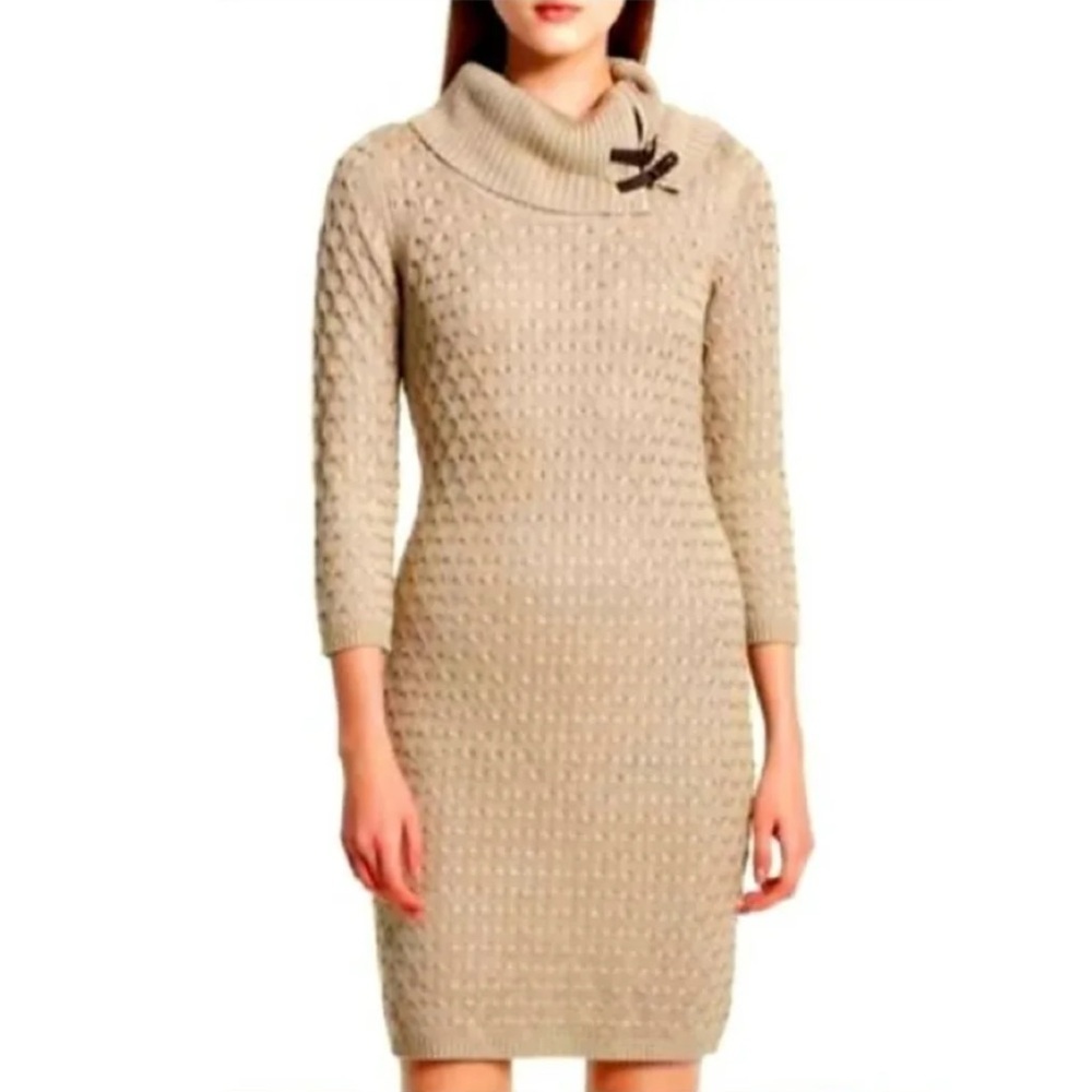 Calvin Klein Beige Buckled Cowl Neck Knit Sweater Dress Women’s Size Medium